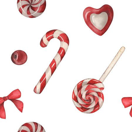 Seamless pattern with Christmas lollipops, candies. The watercolor illustration with festive sweets is hand-drawn. For New Years packaging design, gift paper, fabric, textiles, and printingの写真素材