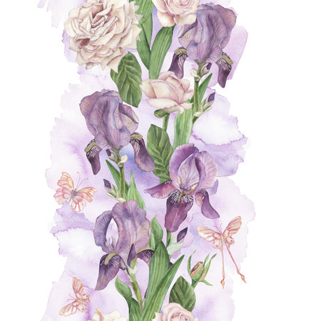 Seamless floral border with purple irises, pink roses, green leaves, peach butterflies. The watercolor illustration with flowers and insects is hand-painted in a botanical style, in pastel shadesの写真素材