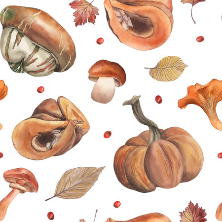 Watercolor seamless pattern with autumn harvest elements: pumpkin, squash, forest mushrooms, chanterelles, boletus, fall leaves, berries. Seasonal botanical background for Thanksgiving, fall designの写真素材