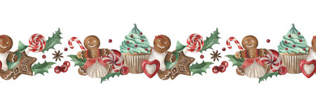 Seamless border with Christmas sweets. The watercolor illustration with gingerbread, lollipops, and cupcakes is hand-drawn. For New Years packaging design, holiday decoration, textiles, and giftsの写真素材