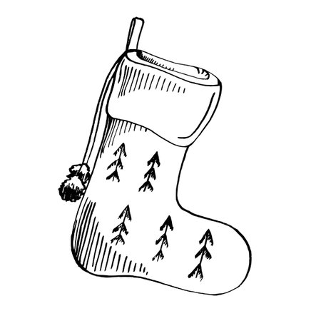 Vector illustration of a Christmas knitted sock for gifts. The festive stocking with pom-poms is hand-drawn with ink and pen. For New Years card design, invitations, winter projects, textilesのイラスト素材