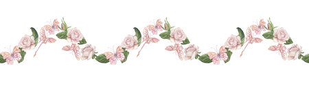 Seamless border with pink roses, green leaves, and butterflies. Watercolor illustration drawn in watercolor in botanical style. For packaging design, textiles, fabrics, cards, weddings, birthdaysの写真素材