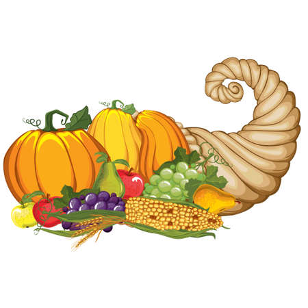 autumn illustration with vegetables pumpkin cornucopia grapes cornのイラスト素材
