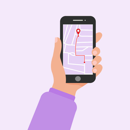 A mobile phone with a GPS navigation program. Street map and traffic pattern. Vector illustration.のイラスト素材