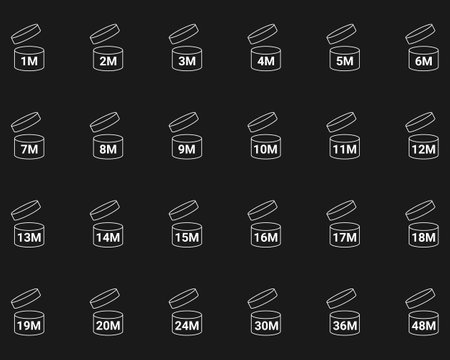 Pao expiration date icons set. Product expiration date  3m, 6m, 12m, 24m, 36m , 48m month . Vector illustration.のイラスト素材