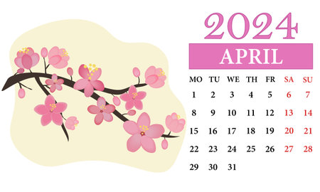 April Monthly calendar 2024 with a cherry blossomsのイラスト素材