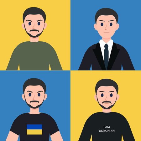 a man in different clothes on a blue and yellow backgroundのイラスト素材