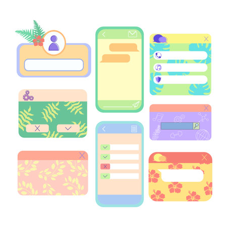 Isolated social media templates. User interface, search bar, countdown, popup, quiz and questions interface with pink purple vibrant color. Vector set.のイラスト素材