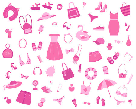 A set of fashionable things and accessories for girls in pink. Dresses, glasses, shoes, bracelet, backpack, slippers, swimsuit.のイラスト素材