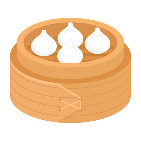 Dimsam, traditional Chinese dumplings, in a bamboo steamer basket. Asian cuisine. Vector illustration.のイラスト素材
