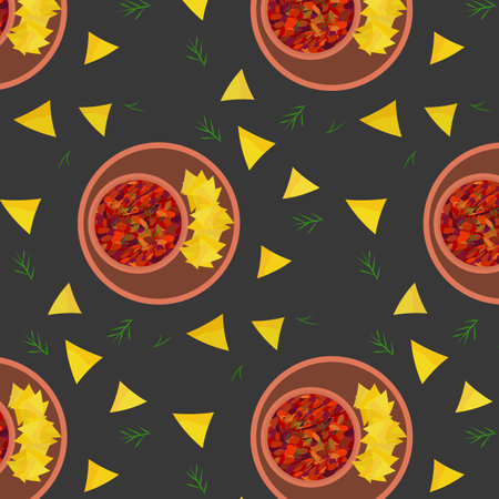 Chili con carne with tacos. Pattern with food. Vector illustration.のイラスト素材