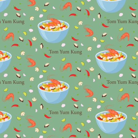 Tom yum kung Thai spicy soup. Pattern. Vector illustration.のイラスト素材