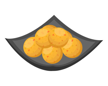 Fish balls in a rectangular plate. Street Asian food. Vector illustration.のイラスト素材