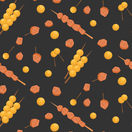 Satay and fish balls. Meat on a skewer pattern. Vector illustration.のイラスト素材