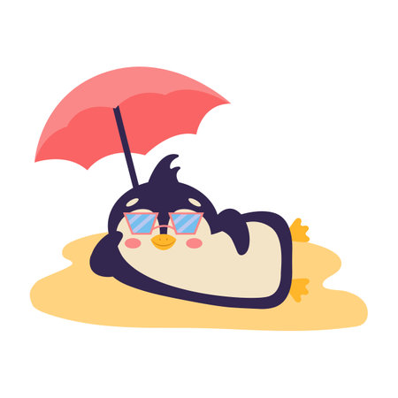 Cute cartoon penguin on the beach. Vector illustration.のイラスト素材