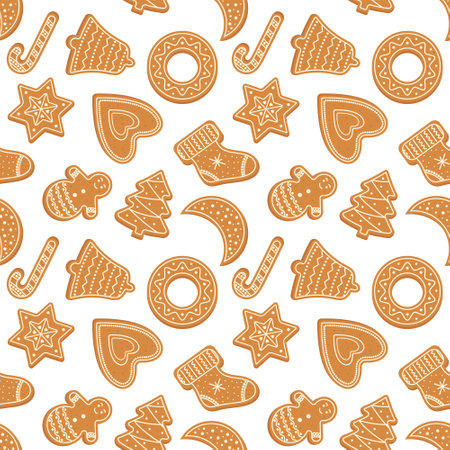 Gingerbread cookies with icing on a white background seamless pattern. Vector illustrationのイラスト素材