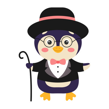 Cute cartoon penguin in suit and bow tie with cane. Vector illustration.のイラスト素材
