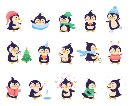 Cute cartoon penguins. Penguin in winter. Happy penguins celebrate the New Year. Vector illustration.のイラスト素材
