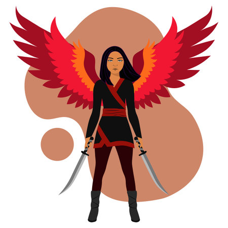 Warrior woman with swords and wings. Vector illustrationのイラスト素材