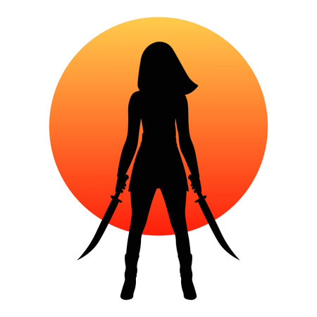 Silhouette Warrior woman with swords on a background red sun. Vectorのイラスト素材