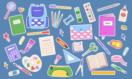 Set of school supplies stickers. Stationery and study supplies, book, ruler, pencil, calculator, marker. Vector illustration.のイラスト素材