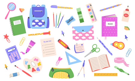 Set of school supplies. Stationery and study supplies, book, ruler, pencil, calculator, marker. Vector illustration.のイラスト素材