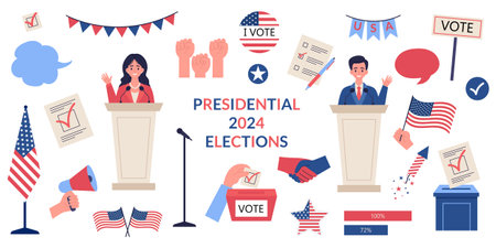 USA presidential candidates participating in political debates during an election campaign. Election 2024 USA. Vector illustration.のイラスト素材