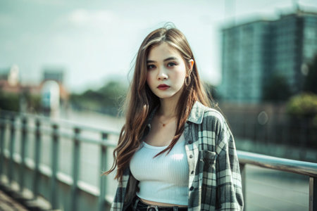 A woman stands in front of a railingの素材