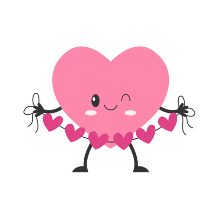 Cartoon heart character with face, hands and feet. Love symbol with heart decoration. Vector illustration.のイラスト素材