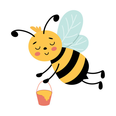 Cute honey bee with a bucket of honey. Vector illustrationのイラスト素材