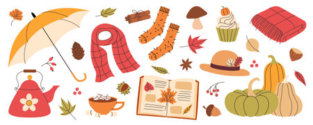 Cozy autumn set. Umbrella, books, mushrooms, scarf, pumpkins, hat, socks, hot drink with marshmallows, autumn leaves. Vector illustration.のイラスト素材