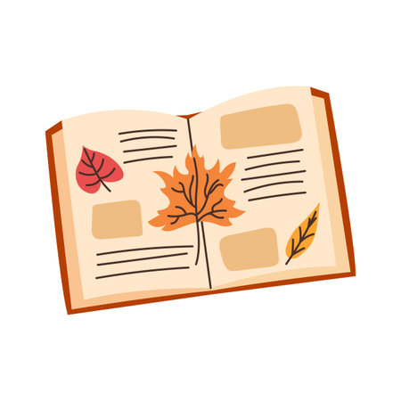 Open book with autumn leaves. Cozy autumn reading concept. Vector illustration.のイラスト素材