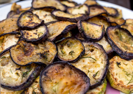 Chargrilled eggplants with fresh herbsの写真素材