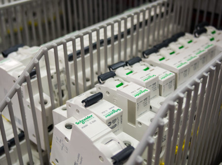 Voronezh, Russia - June 20, 2016:  Schneider Electric switches on the shelf in a department store electricalのeditorial素材