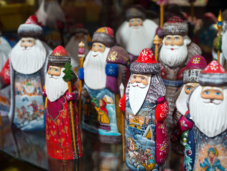 Moscow, Russia - February 12, 2016: The painted wooden Santa Claus in a souvenir shop of the city Moscowのeditorial素材