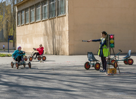 Voronezh, Russia - April 26, 2017: Studying the rules of the road on the school groundsのeditorial素材