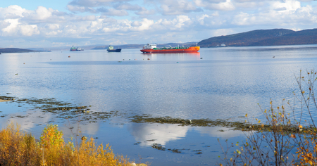 Ships go to the entrance to the Kola Bay to the city of Murmanskのeditorial素材