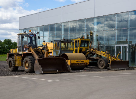 Voronezh, Russia - June 04, 2017: Construction machinery at a new rapidly built pavilion