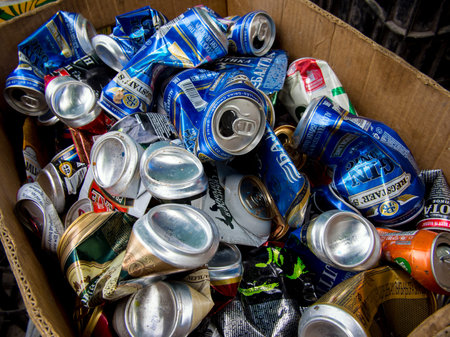 Voronezh, Russia - June 14, 2017: Empty beer cans at the collection point for recyclablesのeditorial素材