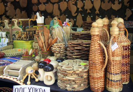 Lazarevskoe, Russia - Juny 25, 2014: Tray of a street vendor with souvenirs made of woodのeditorial素材