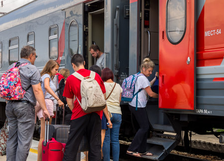 Voronezh, Russia - August 05, 2018: Passengers boarding the train at the intermediate stationのeditorial素材
