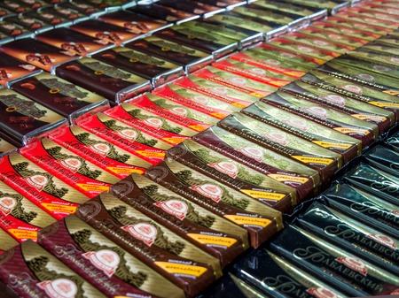 Voronezh, Russia - August 08, 2018: Showcase with different types of chocolateのeditorial素材