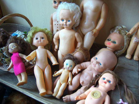 Many saty plastic Soviet dolls are a groupの写真素材