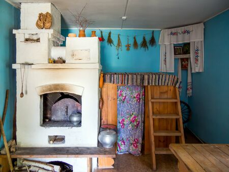 Zadonsk, Russia - August 28, 2018: Russian oven with shelves, Zadonsk Local History Museum, Zadonskのeditorial素材