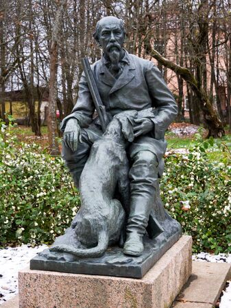 Chudovo, Russia - October 31, 2018: Monument to Nekrasov and his hunting dog, N.A. Nekrasov, Chudovo Novgorod regionのeditorial素材