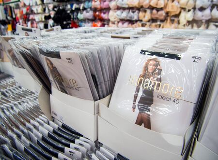 Voronezh, Russia - February 26, 2019: Showcase with women's tightsのeditorial素材