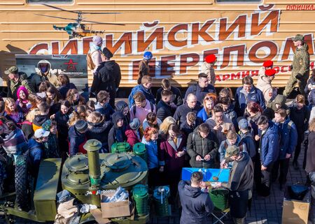 Murmansk, Russia - April 22, 2019: Visitors at the Syrian Trainのeditorial素材