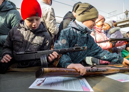 Murmansk, Russia - April 22, 2019: Samples of weapons of war during a traveling exhibitionのeditorial素材