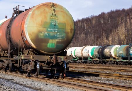 Murmansk, Russia - April 22, 2019: Railway tanks with oil productsのeditorial素材