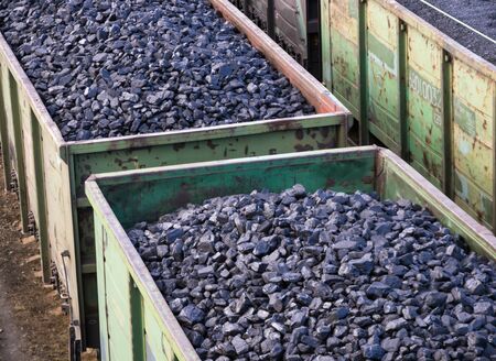 Murmansk, Russia - April 22, 2019: Coal in a half-open wagonのeditorial素材